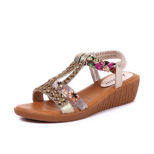Women Wedge Platform Sandals Mid Heel Beach Shoes-Gold