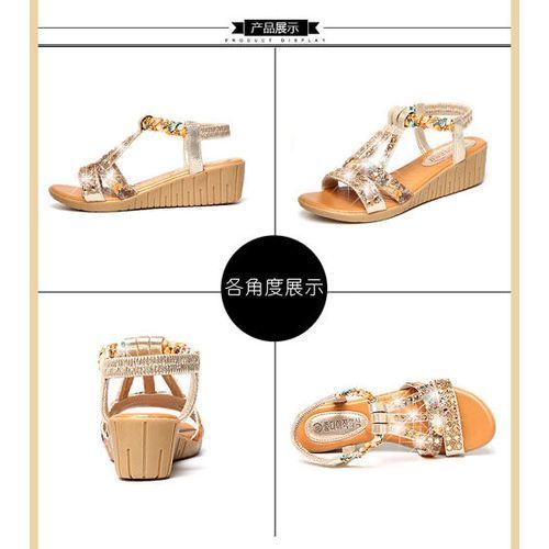 Women Wedge Platform Sandals Mid Heel Beach Shoes-Gold