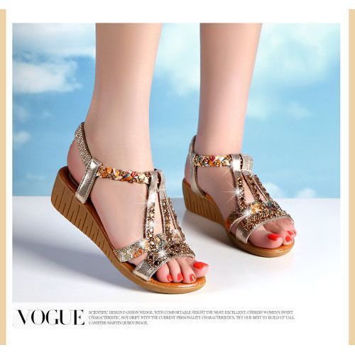Women Wedge Platform Sandals Mid Heel Beach Shoes-Gold