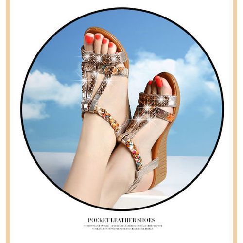 Women Wedge Platform Sandals Mid Heel Beach Shoes-Gold