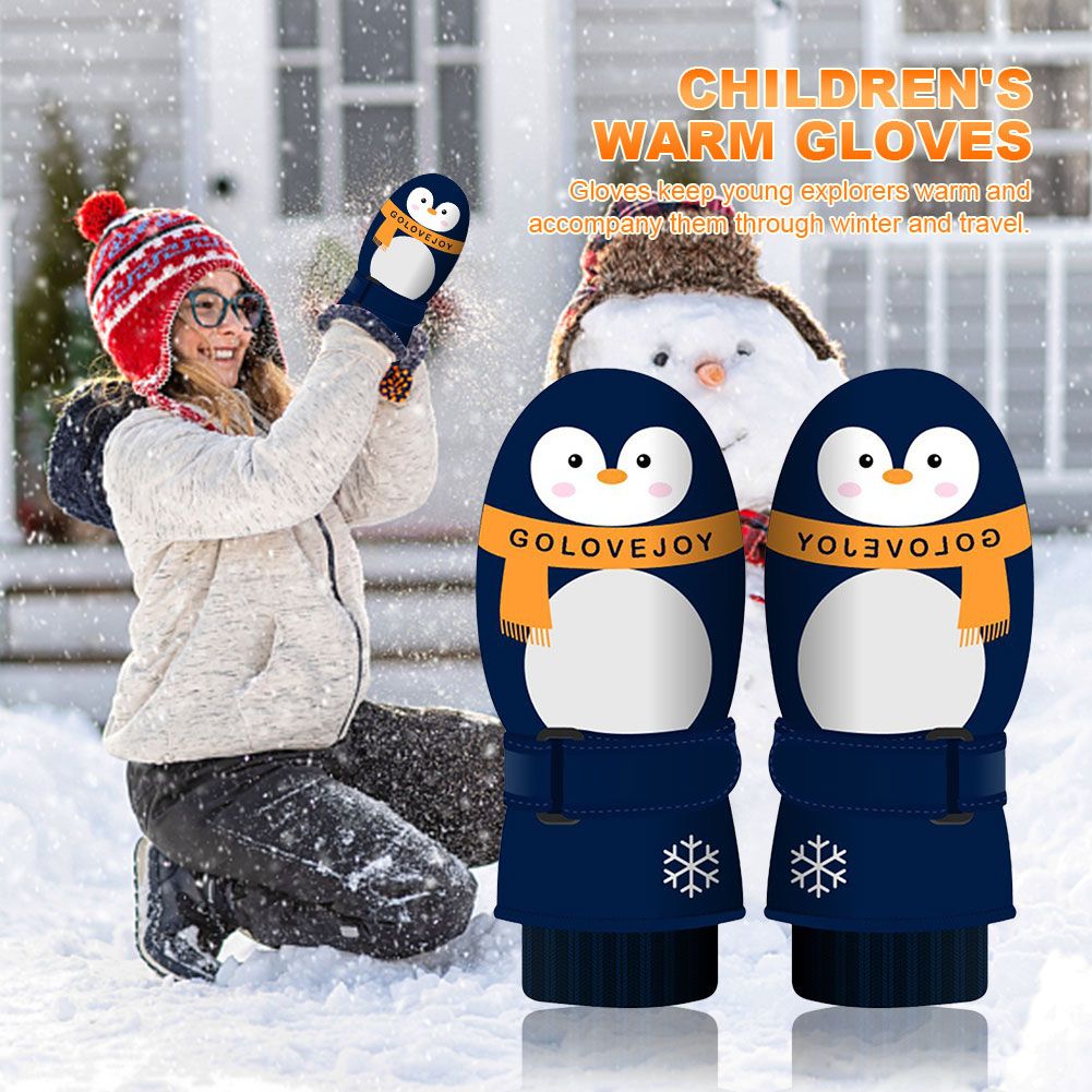(M Dark Penguin)Kids Ski Glove Cartoon Penguin Finger Warm Winter Gloves Antiskid Coating Ther GRE