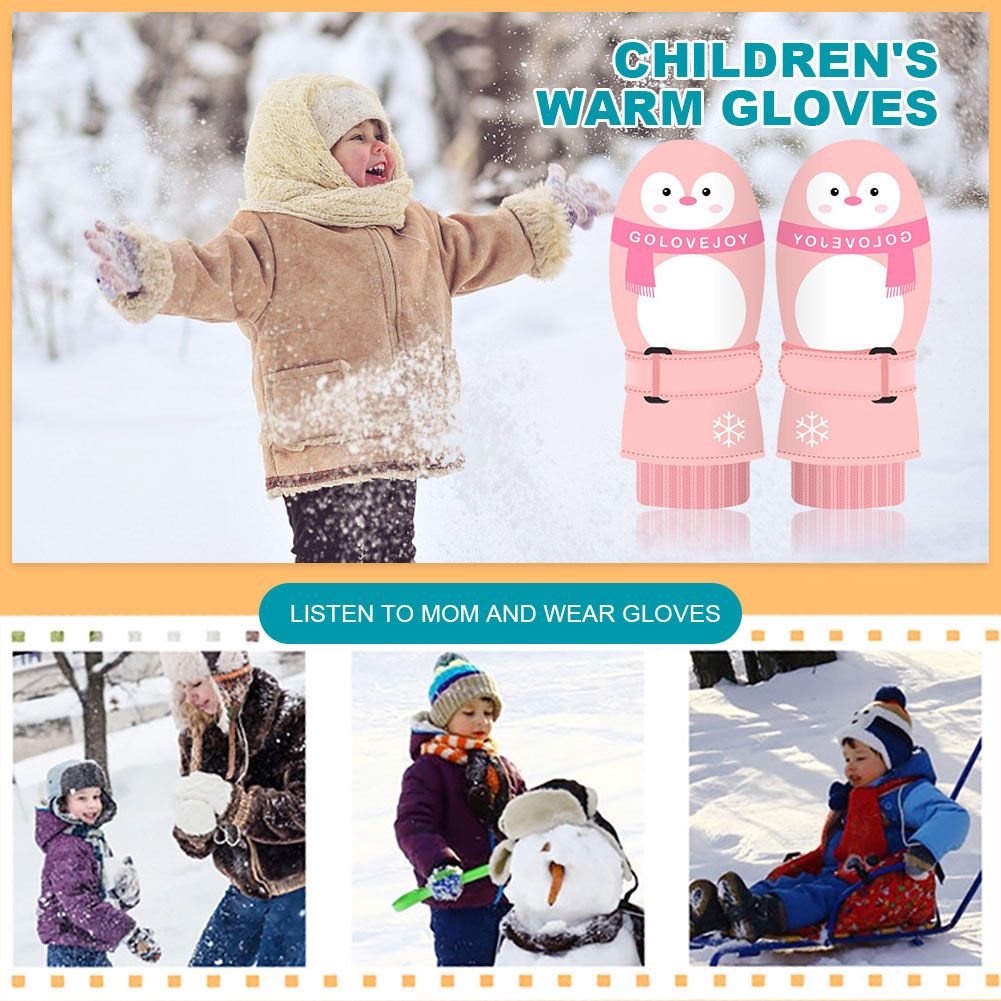 (M Dark Penguin)Kids Ski Glove Cartoon Penguin Finger Warm Winter Gloves Antiskid Coating Ther GRE