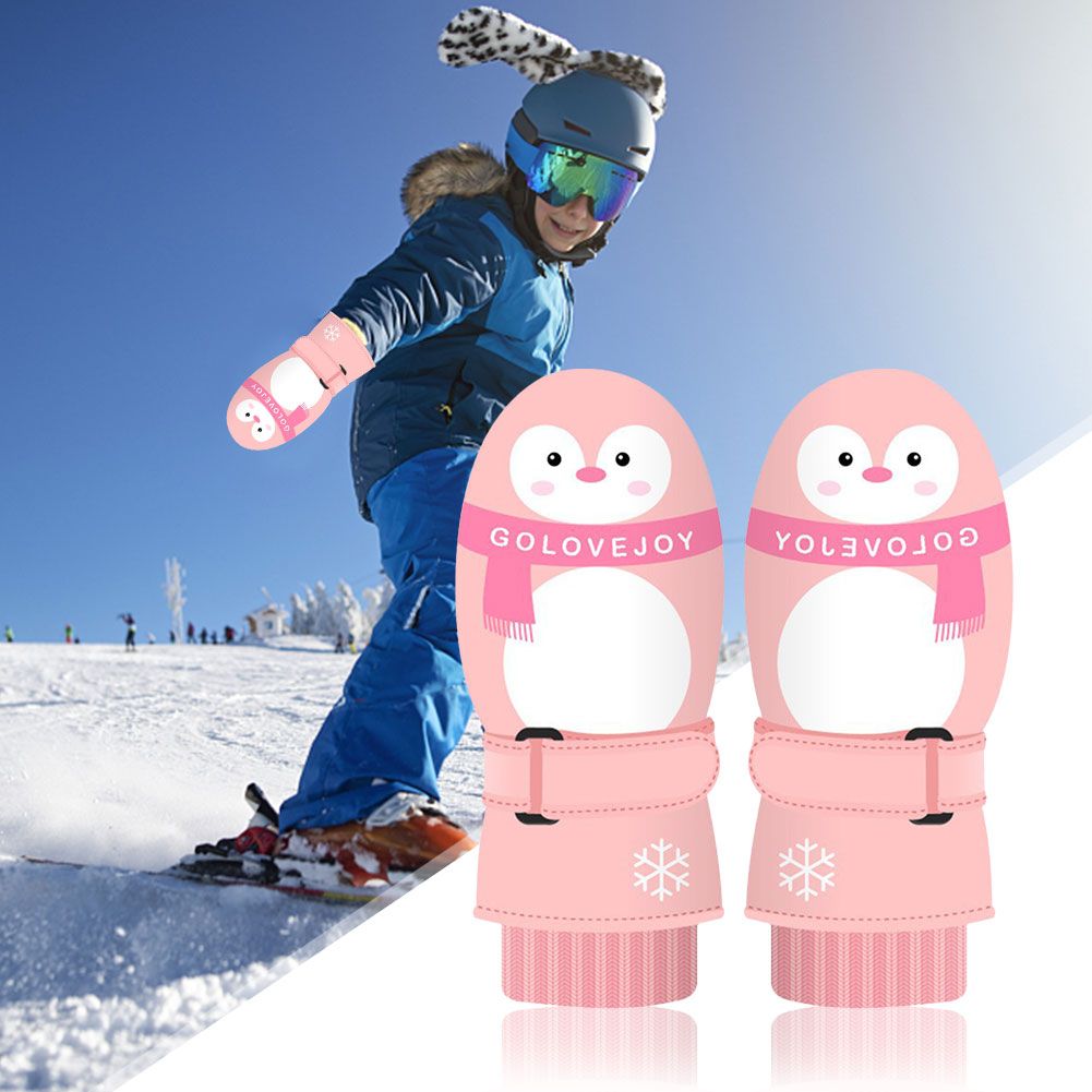 (M Dark Penguin)Kids Ski Glove Cartoon Penguin Finger Warm Winter Gloves Antiskid Coating Ther GRE