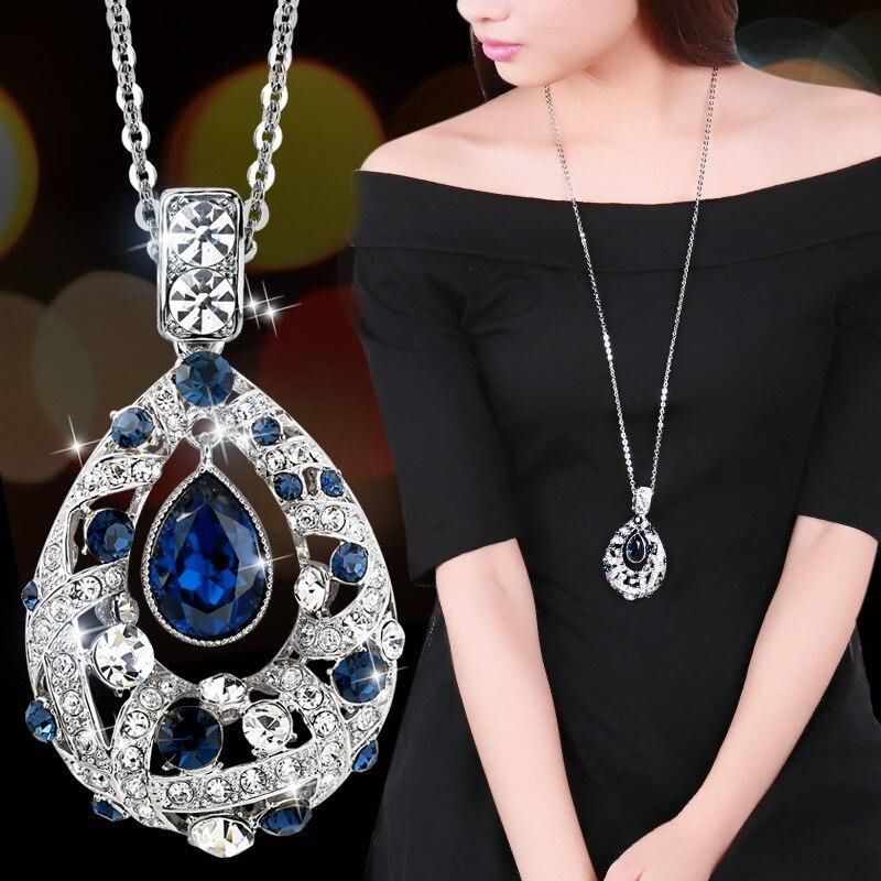 Shining Crystal Water Drop Sweater Long Necklaces for Women New Trendy Korean Fashion Clothes Pendant Geometric Jewelry 2022