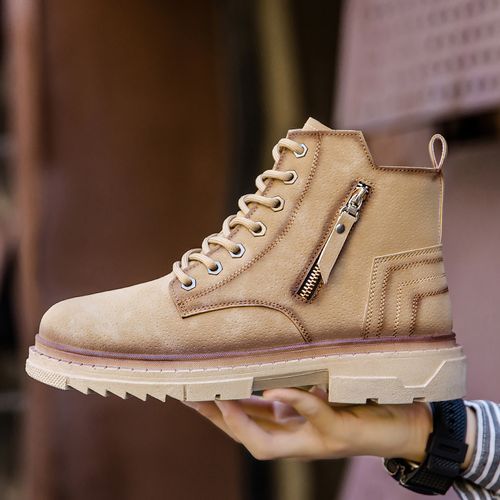 Chukka Boots Men Shoes Outdoor Martin Boots New Trend Casual All-match Platform Ankle Boots High Quality Split Leather Lace-Up Male Work Shoes Zipper Decoration Personality Footwear Khaki