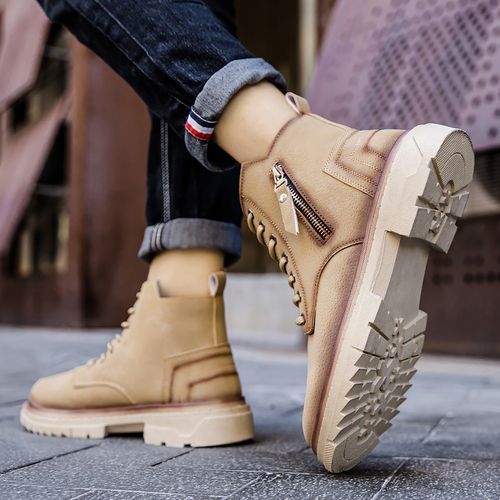 Chukka Boots Men Shoes Outdoor Martin Boots New Trend Casual All-match Platform Ankle Boots High Quality Split Leather Lace-Up Male Work Shoes Zipper Decoration Personality Footwear Khaki