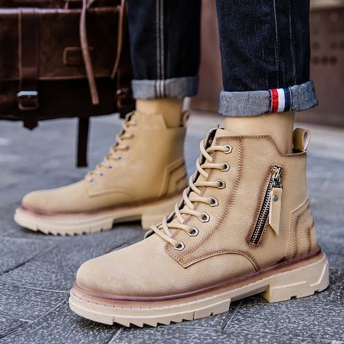Chukka Boots Men Shoes Outdoor Martin Boots New Trend Casual All-match Platform Ankle Boots High Quality Split Leather Lace-Up Male Work Shoes Zipper Decoration Personality Footwear Khaki
