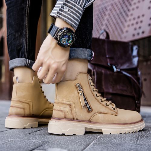 Chukka Boots Men Shoes Outdoor Martin Boots New Trend Casual All-match Platform Ankle Boots High Quality Split Leather Lace-Up Male Work Shoes Zipper Decoration Personality Footwear Khaki