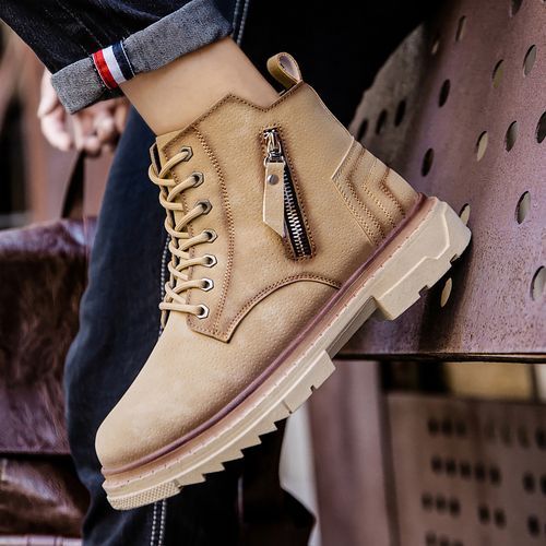 Chukka Boots Men Shoes Outdoor Martin Boots New Trend Casual All-match Platform Ankle Boots High Quality Split Leather Lace-Up Male Work Shoes Zipper Decoration Personality Footwear Khaki
