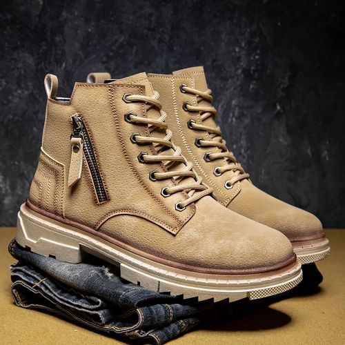 Chukka Boots Men Shoes Outdoor Martin Boots New Trend Casual All-match Platform Ankle Boots High Quality Split Leather Lace-Up Male Work Shoes Zipper Decoration Personality Footwear Khaki
