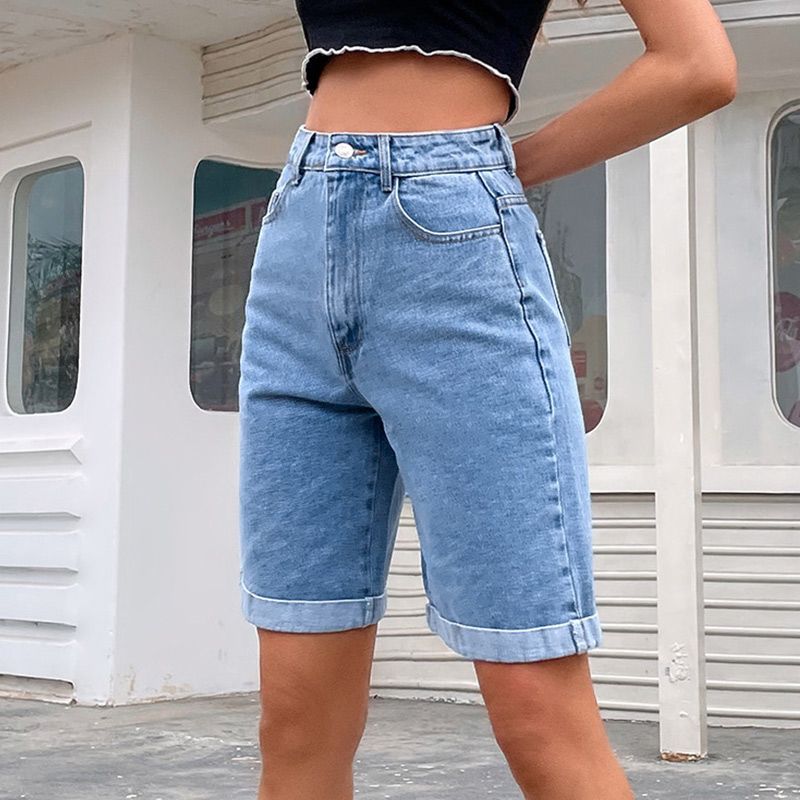 (Light Blue)Casual High Waist Straight Jeans Shorts 2021 New Summer Pockets Loose Female Blue Denim Shorts Ladies High Street Bottoms DOU