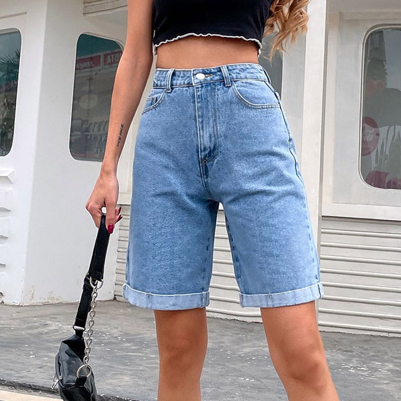 (Light Blue)Casual High Waist Straight Jeans Shorts 2021 New Summer Pockets Loose Female Blue Denim Shorts Ladies High Street Bottoms DOU
