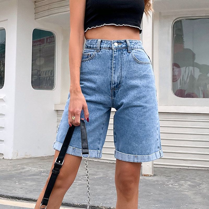 (Light Blue)Casual High Waist Straight Jeans Shorts 2021 New Summer Pockets Loose Female Blue Denim Shorts Ladies High Street Bottoms DOU
