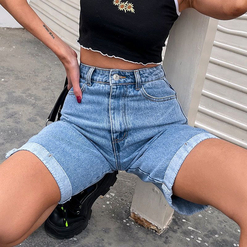 (Light Blue)Casual High Waist Straight Jeans Shorts 2021 New Summer Pockets Loose Female Blue Denim Shorts Ladies High Street Bottoms DOU