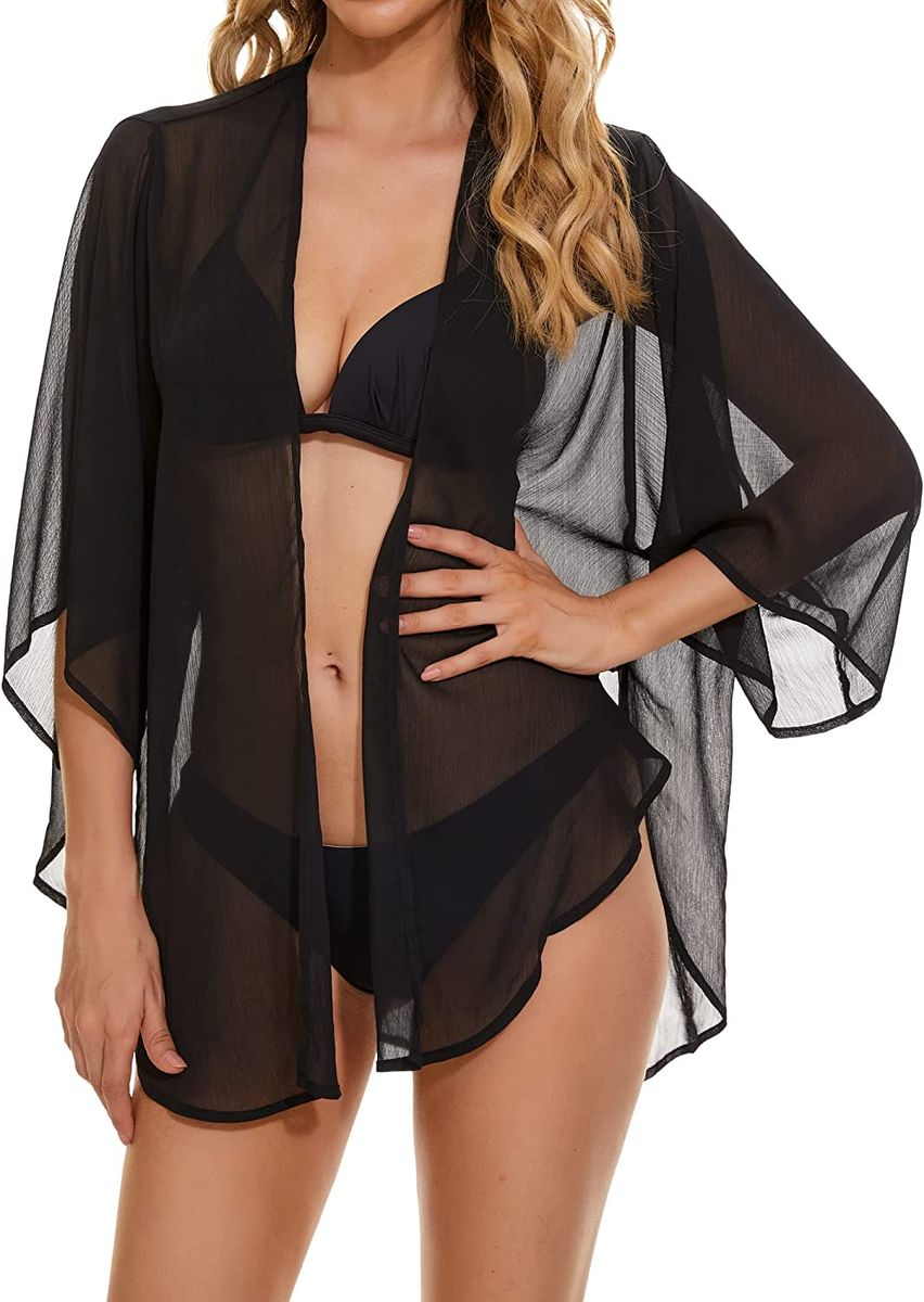 Black Summer Light Weight Open Front Kimono Outfit Women Cover Up For Vacation