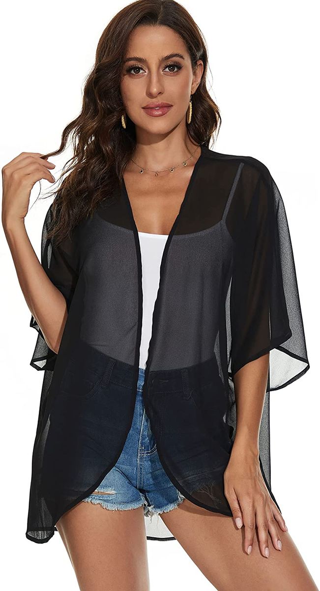Black Summer Light Weight Open Front Kimono Outfit Women Cover Up For Vacation