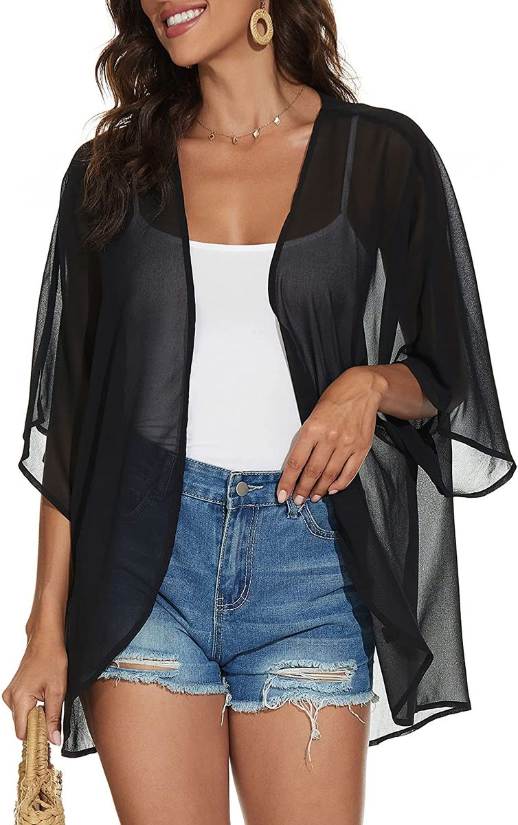 Black Summer Light Weight Open Front Kimono Outfit Women Cover Up For Vacation