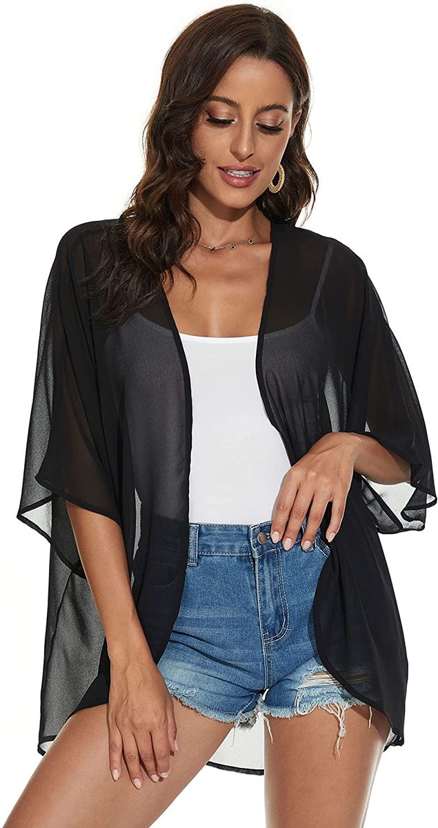 Black Summer Light Weight Open Front Kimono Outfit Women Cover Up For Vacation