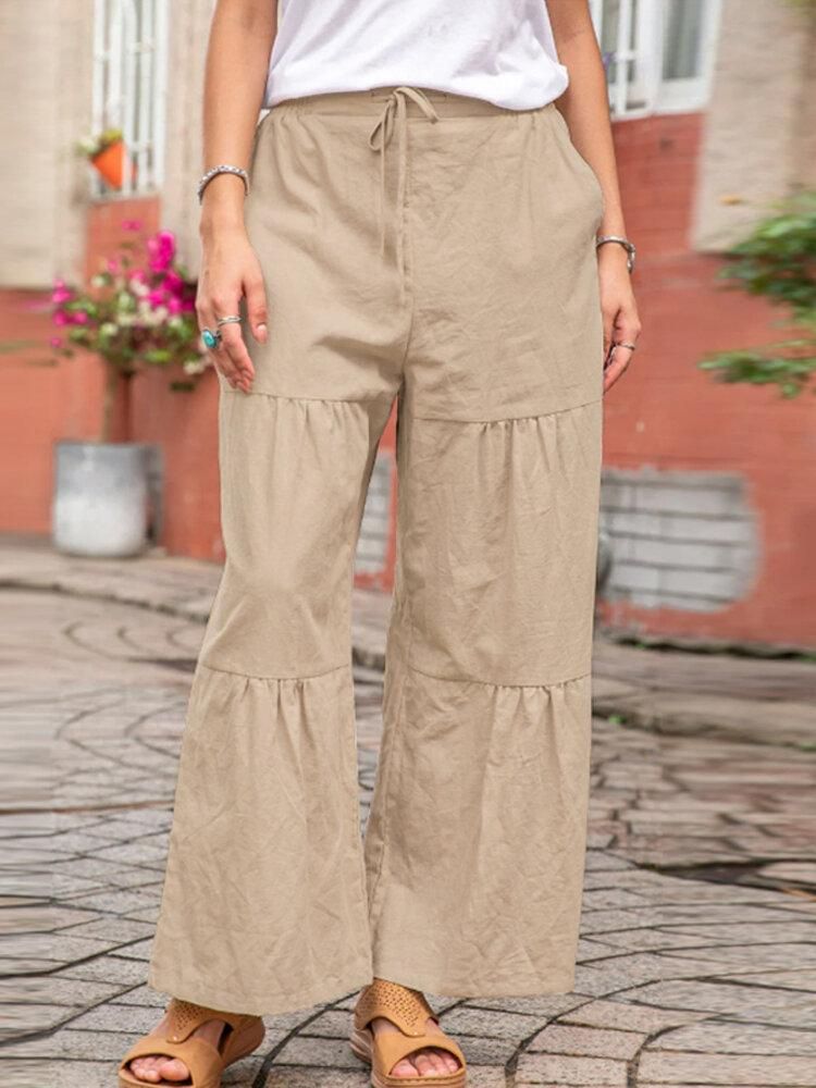 Women Elastic Waist Pleated Side Pocket Lace Up Casual Pants