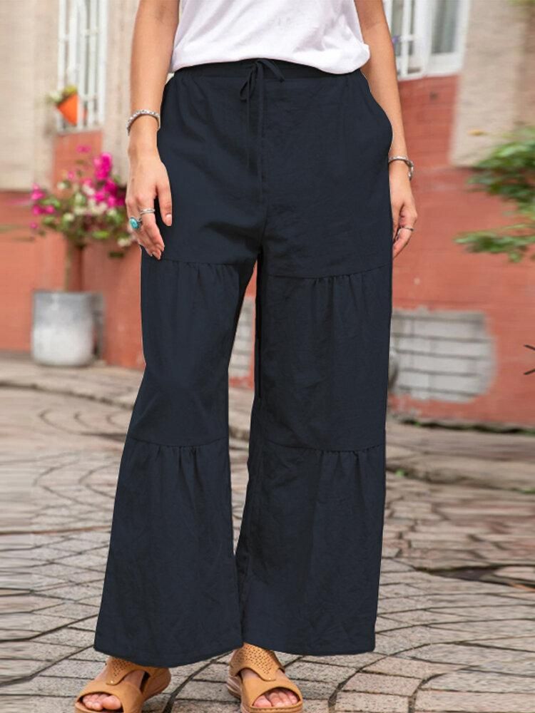 Women Elastic Waist Pleated Side Pocket Lace Up Casual Pants
