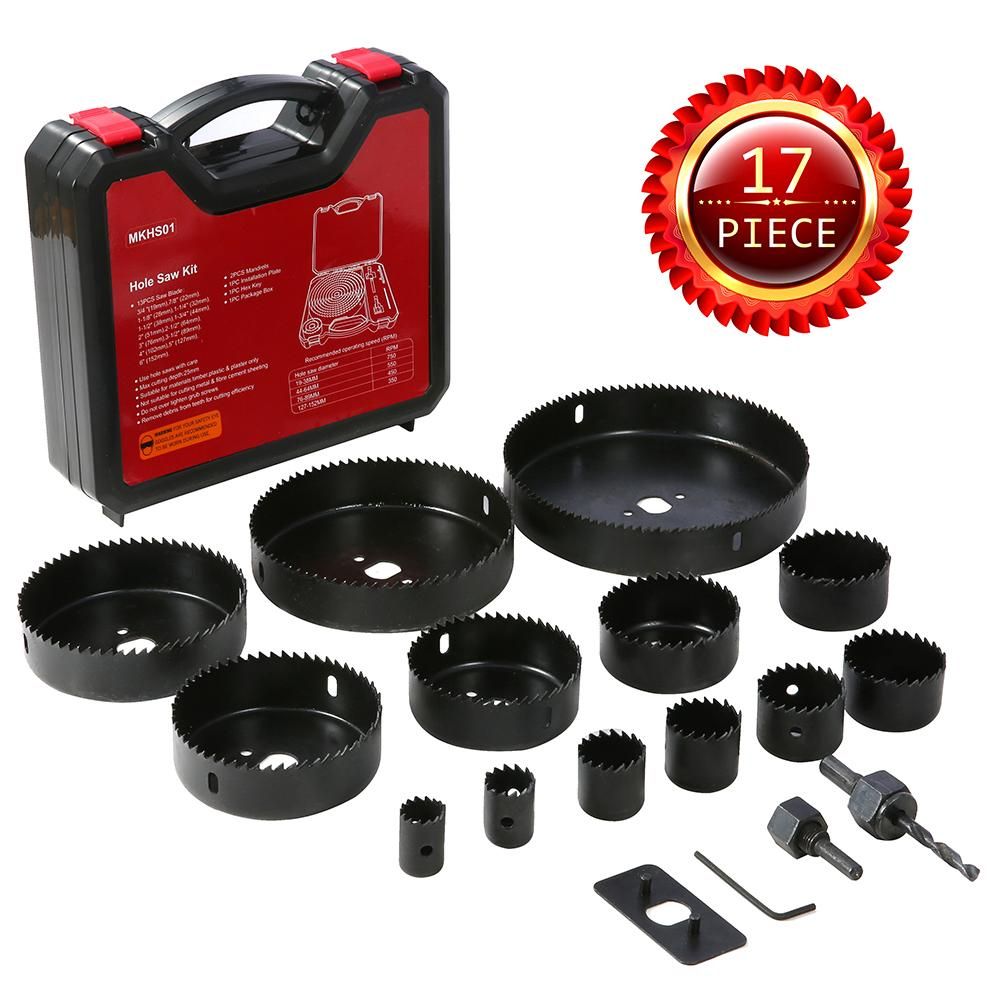Hole Saw Kit, 17 Pcs Hole Saw Set with 13Pcs Saw Blades, 2 Mandrels, 1 Installation Plate, 1 Hex Key, Max Size 152mm and Min Size 19mm, Ideal for Soft Wood, PVC Board and Plastic Plate Drilling