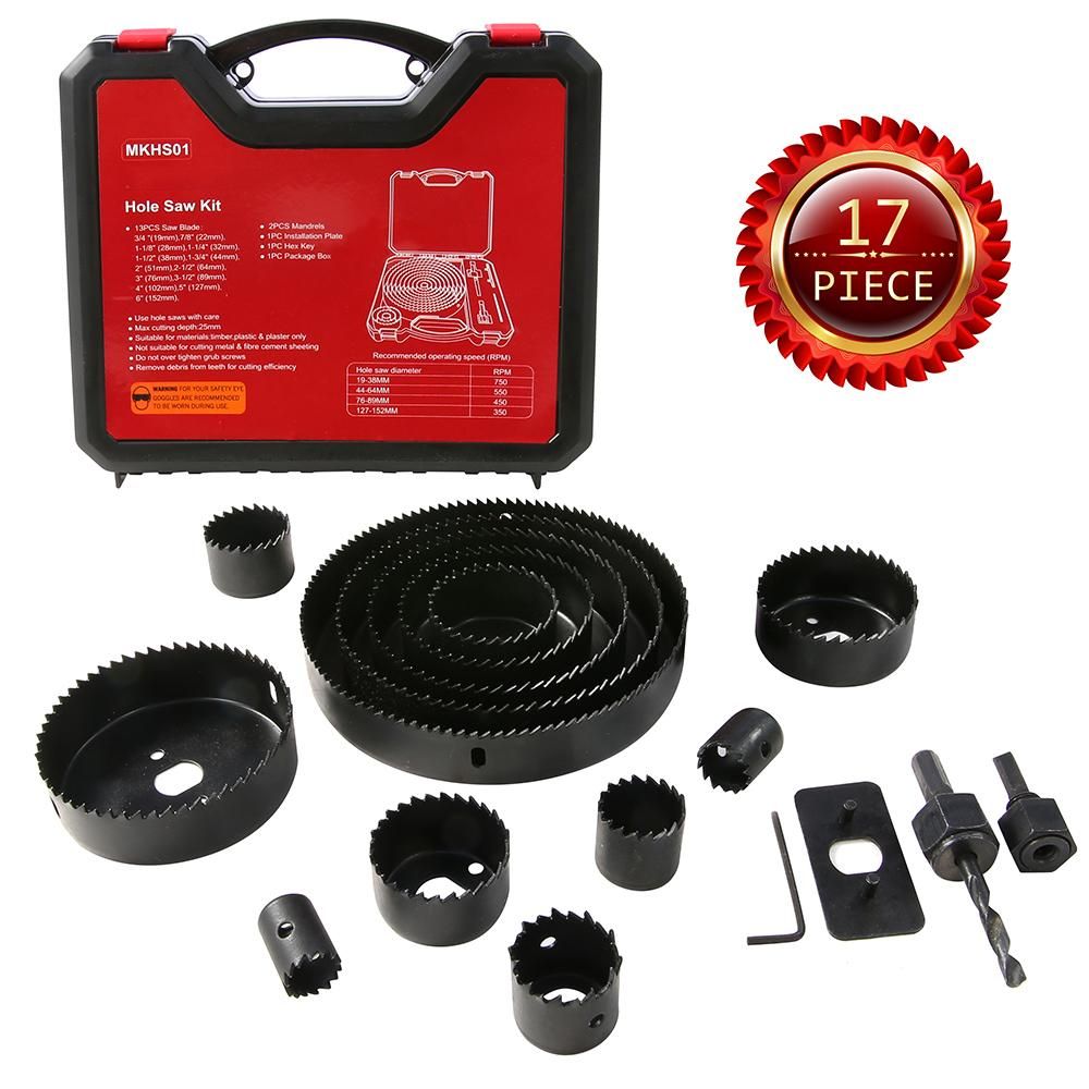 Hole Saw Kit, 17 Pcs Hole Saw Set with 13Pcs Saw Blades, 2 Mandrels, 1 Installation Plate, 1 Hex Key, Max Size 152mm and Min Size 19mm, Ideal for Soft Wood, PVC Board and Plastic Plate Drilling