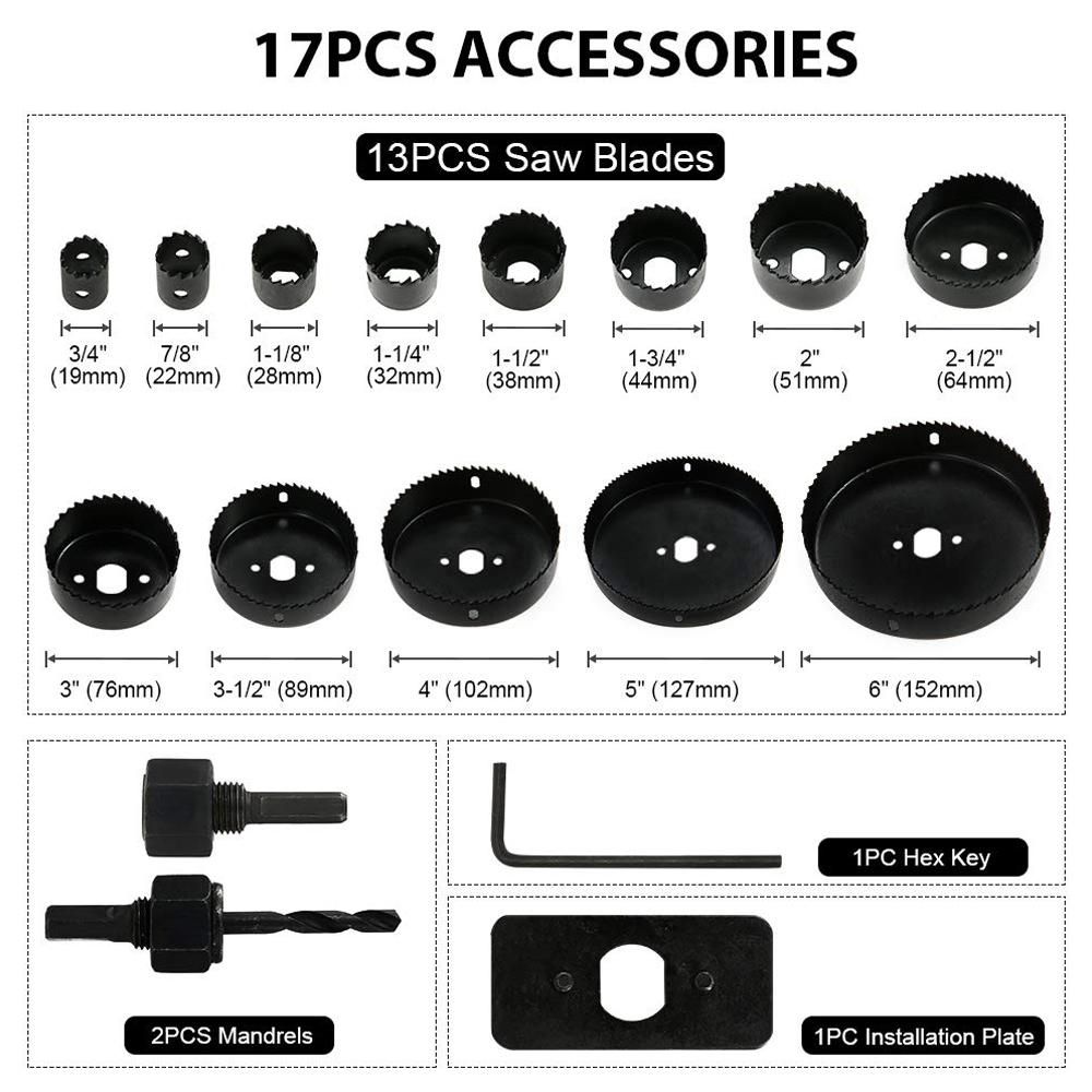 Hole Saw Kit, 17 Pcs Hole Saw Set with 13Pcs Saw Blades, 2 Mandrels, 1 Installation Plate, 1 Hex Key, Max Size 152mm and Min Size 19mm, Ideal for Soft Wood, PVC Board and Plastic Plate Drilling