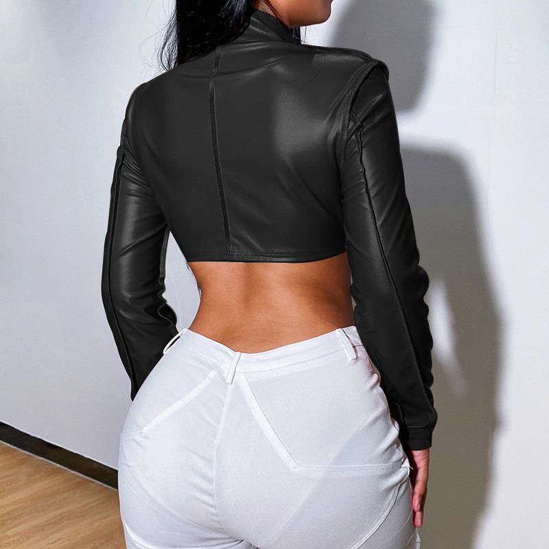 Sexy Skinny Short Jacket Long Sleeve Zip PU Leather Jacket - Black