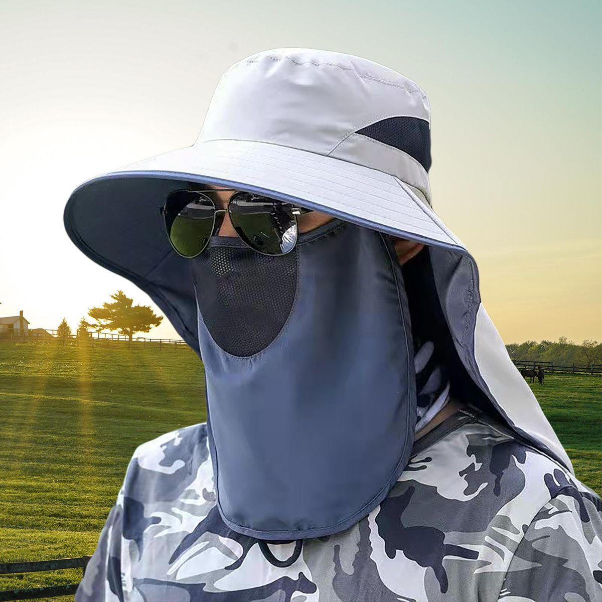 Sun Hat UV Protection Adjustable Strap Fishing Sun Hat Light Grey