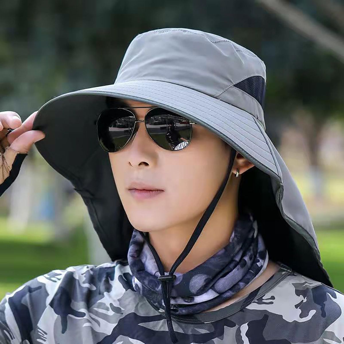 Sun Hat UV Protection Adjustable Strap Fishing Sun Hat Light Grey