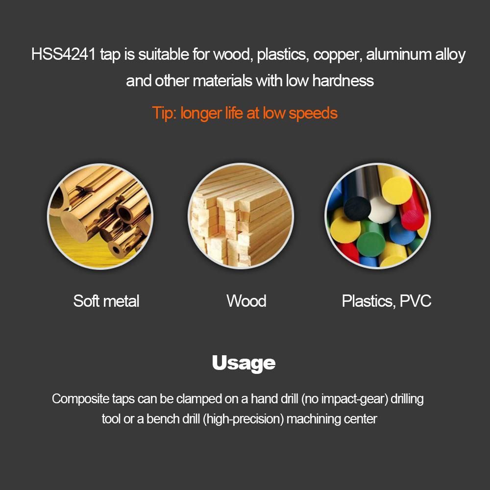 Hex Shank Metric Thread M-3/M-4/M5/M6/M-8/M-10 Titanium-Coated HSS Drill and Tap Bits HSS4241 Hardness is Suitable for Wood/Plastic/Copper Aluminum Alloy and Other Materials with Low Hardness