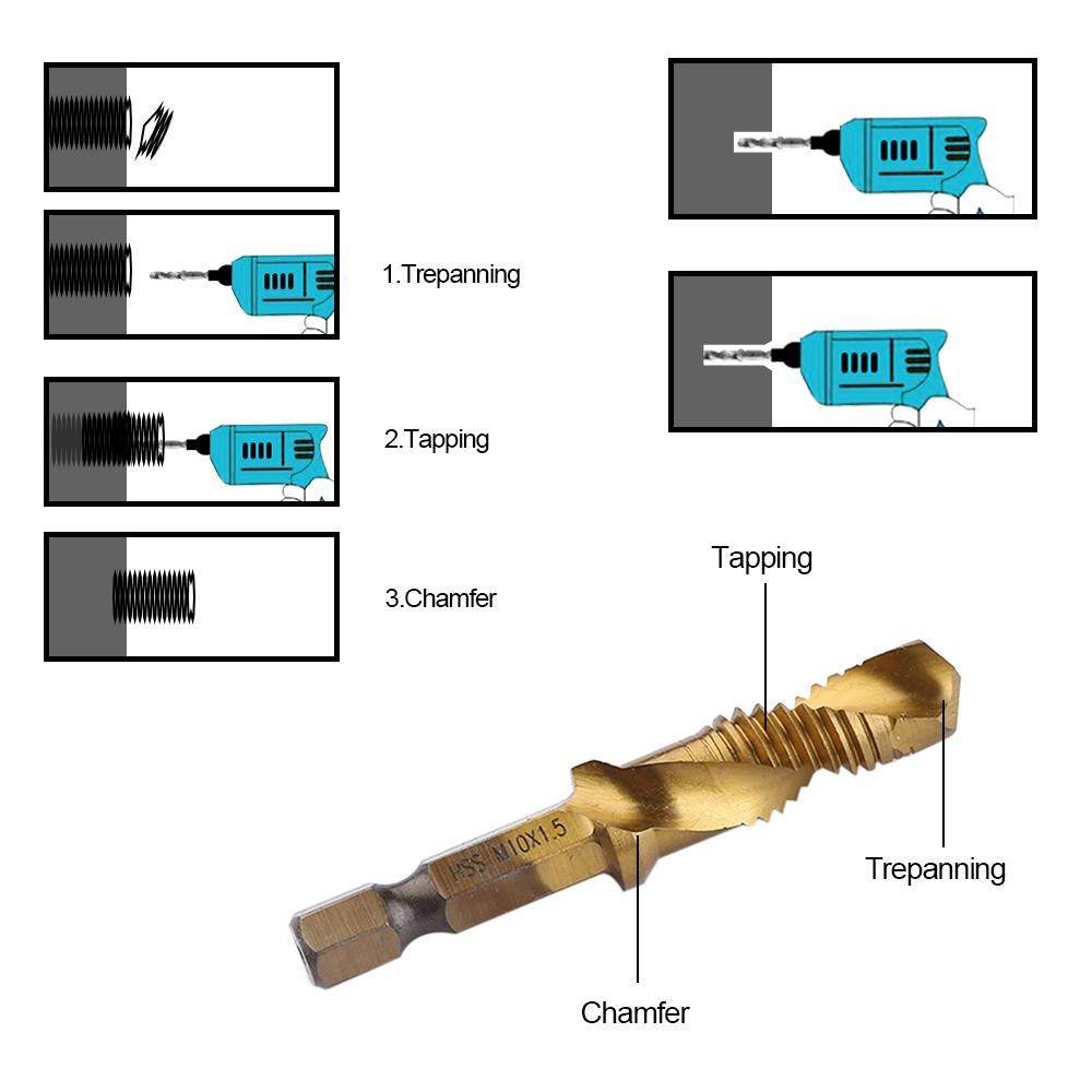 Hex Shank Metric Thread M-3/M-4/M5/M6/M-8/M-10 Titanium-Coated HSS Drill and Tap Bits HSS4241 Hardness is Suitable for Wood/Plastic/Copper Aluminum Alloy and Other Materials with Low Hardness