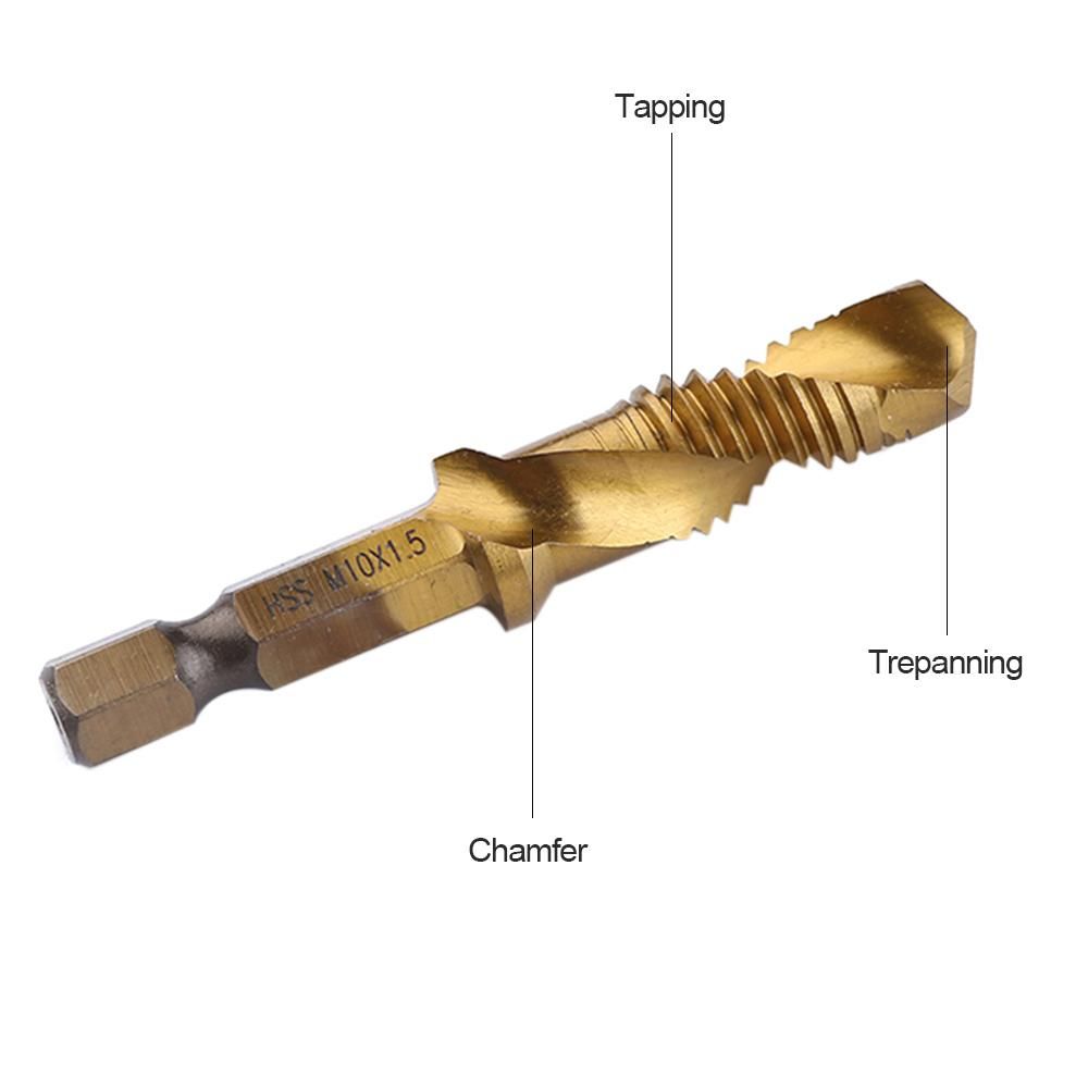 Hex Shank Metric Thread M-3/M-4/M5/M6/M-8/M-10 Titanium-Coated HSS Drill and Tap Bits HSS4241 Hardness is Suitable for Wood/Plastic/Copper Aluminum Alloy and Other Materials with Low Hardness