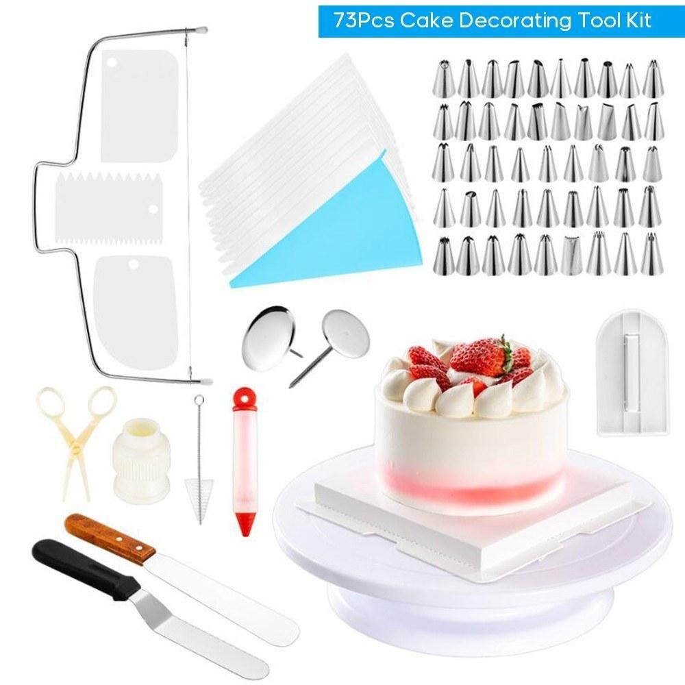 73Pcs Cake Decorating Tool Kit Baking Fondant Supplies Turntable Piping Bag Tip Spatula DIY Cake Cupcake Decorating Icing Tool Set