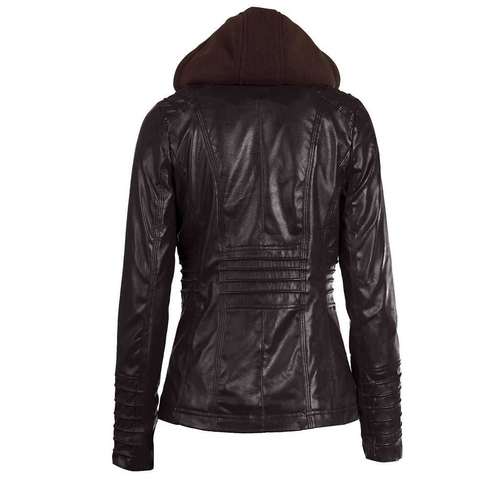 Women's Faux Leather Hooded Jacket Zippered Hoodie Short Slim Motorcycle Jacket Coat-khaki
