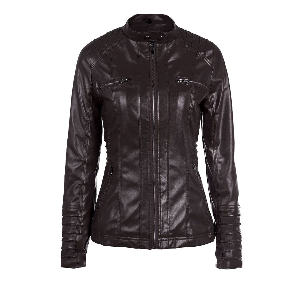 Women's Faux Leather Hooded Jacket Zippered Hoodie Short Slim Motorcycle Jacket Coat-khaki