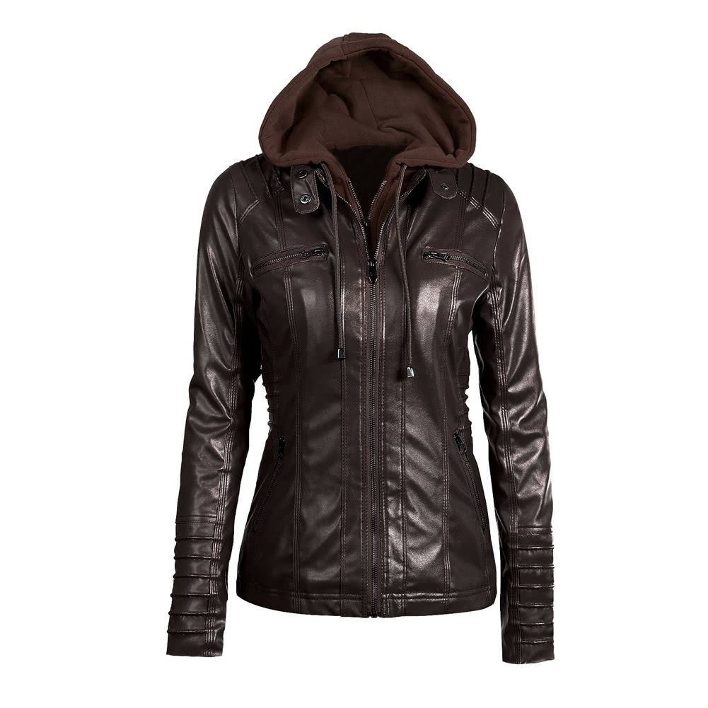 Women's Faux Leather Hooded Jacket Zippered Hoodie Short Slim Motorcycle Jacket Coat-khaki