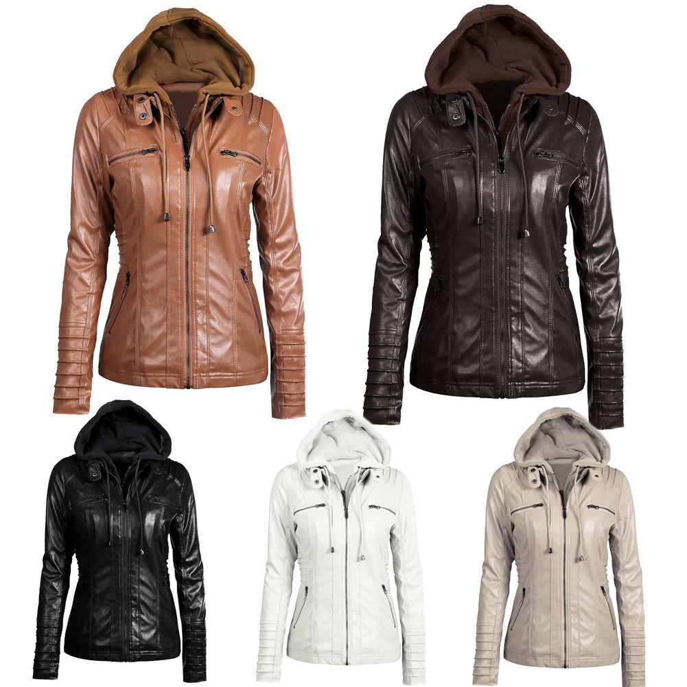 Women's Faux Leather Hooded Jacket Zippered Hoodie Short Slim Motorcycle Jacket Coat-khaki