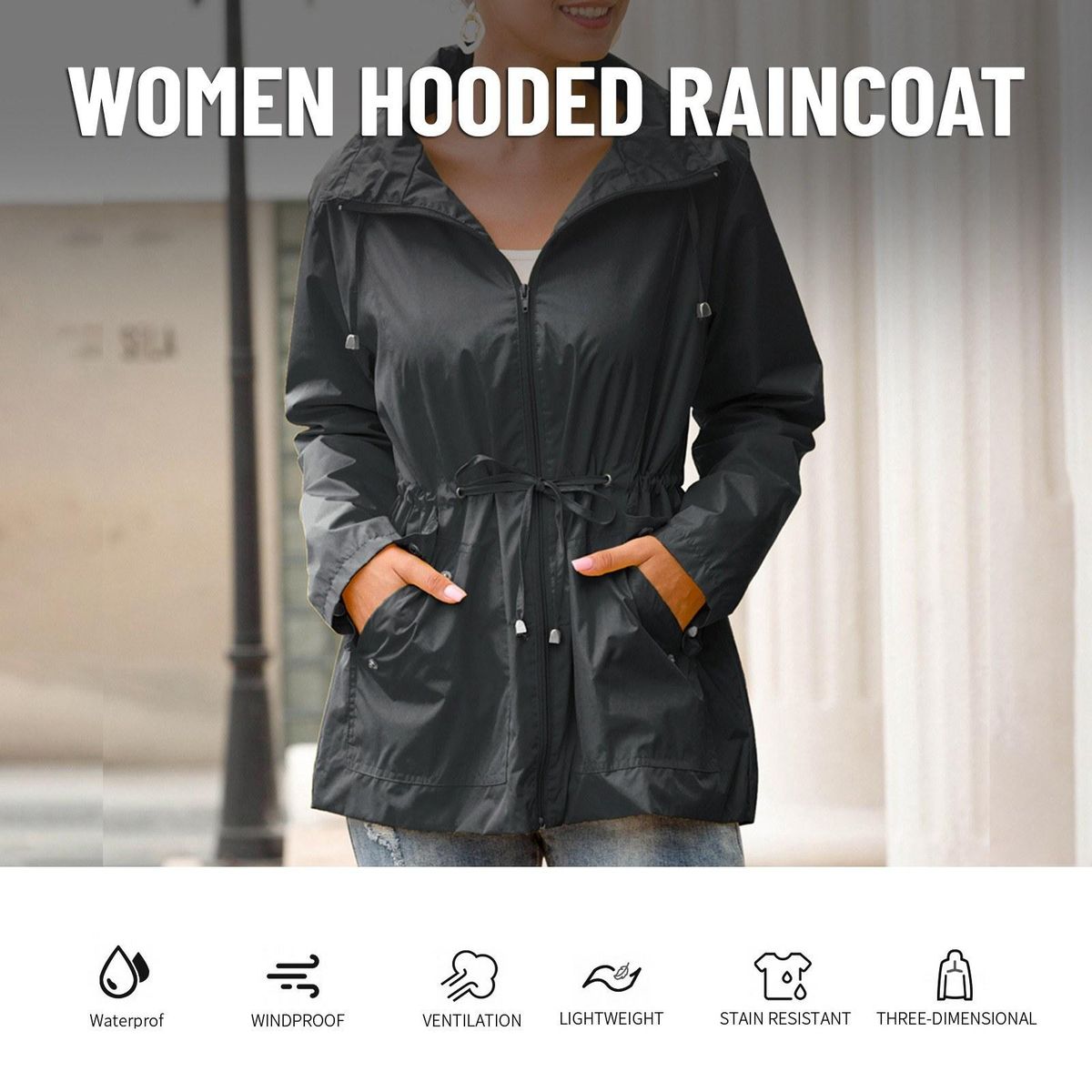 Women Rain Coat Waterproof Hooded Drawstring Waist Zip Up Pockets Mesh Lined Long Sleeves Outdoor Hiking Travel Parka Jackets