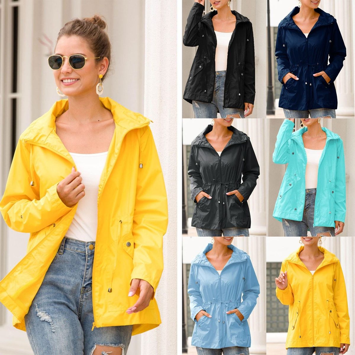 Women Rain Coat Waterproof Hooded Drawstring Waist Zip Up Pockets Mesh Lined Long Sleeves Outdoor Hiking Travel Parka Jackets