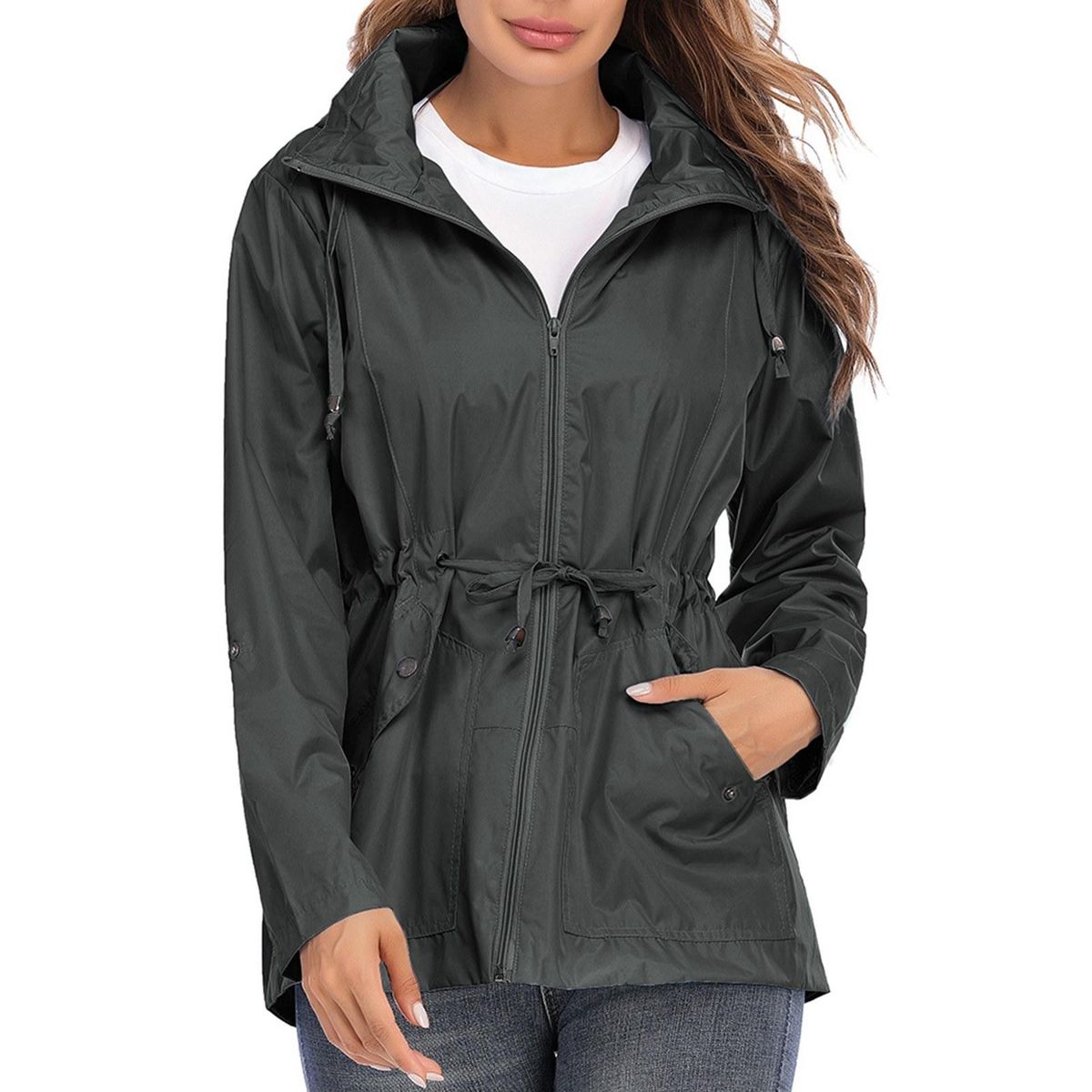 Women Rain Coat Waterproof Hooded Drawstring Waist Zip Up Pockets Mesh Lined Long Sleeves Outdoor Hiking Travel Parka Jackets