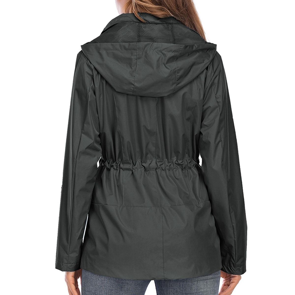 Women Rain Coat Waterproof Hooded Drawstring Waist Zip Up Pockets Mesh Lined Long Sleeves Outdoor Hiking Travel Parka Jackets