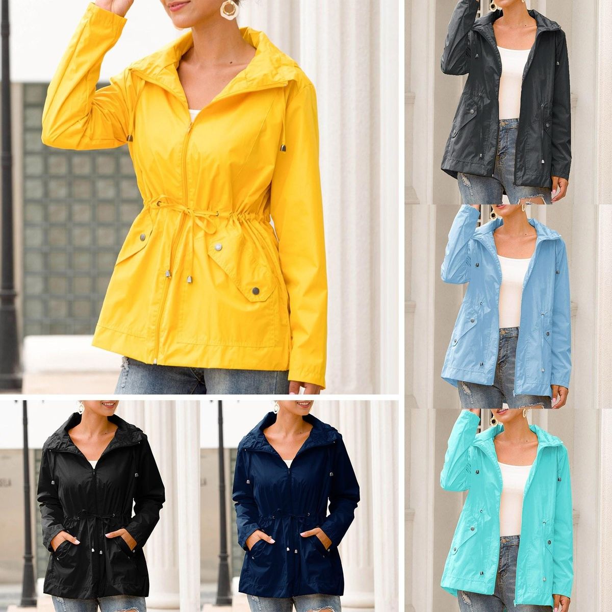 Women Rain Coat Waterproof Hooded Drawstring Waist Zip Up Pockets Mesh Lined Long Sleeves Outdoor Hiking Travel Parka Jackets