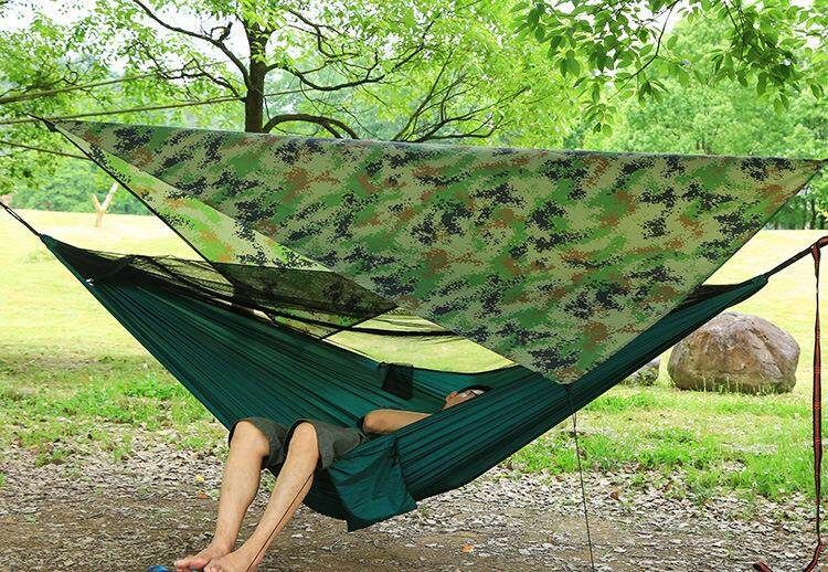 Portable Hammock Canopy Sun Rain Fly Tarp And Camping Hammock With Mosquito Net Army Green
