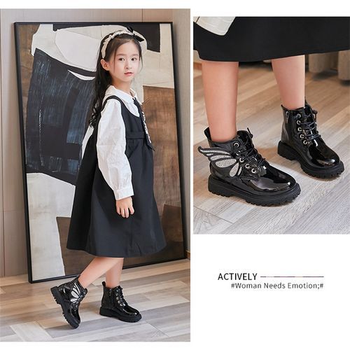 Girls Boots Fashion Children's Leather Short Boots-Black