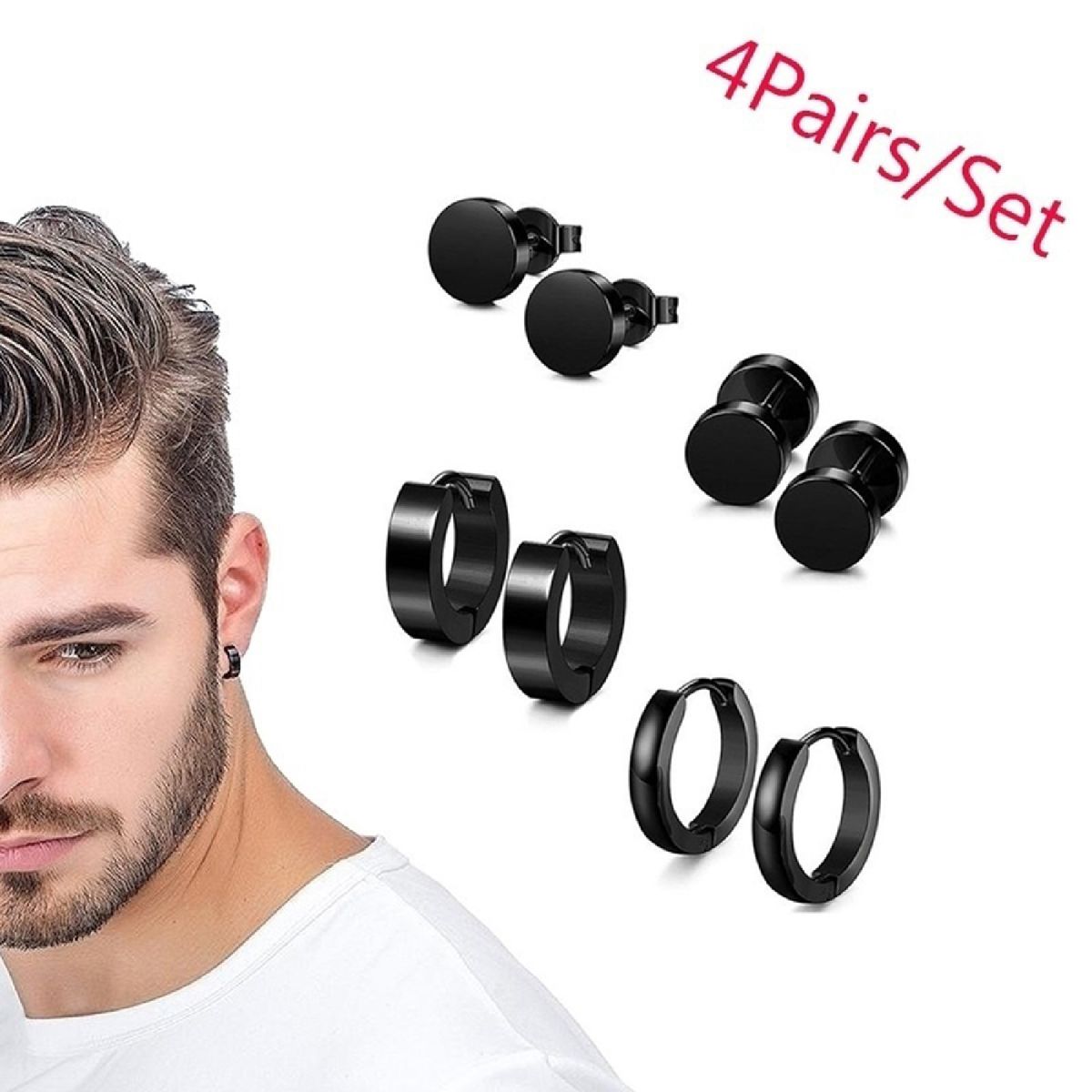 4 Pairs Earrings Set Safe Popular Stainless Steel-Black