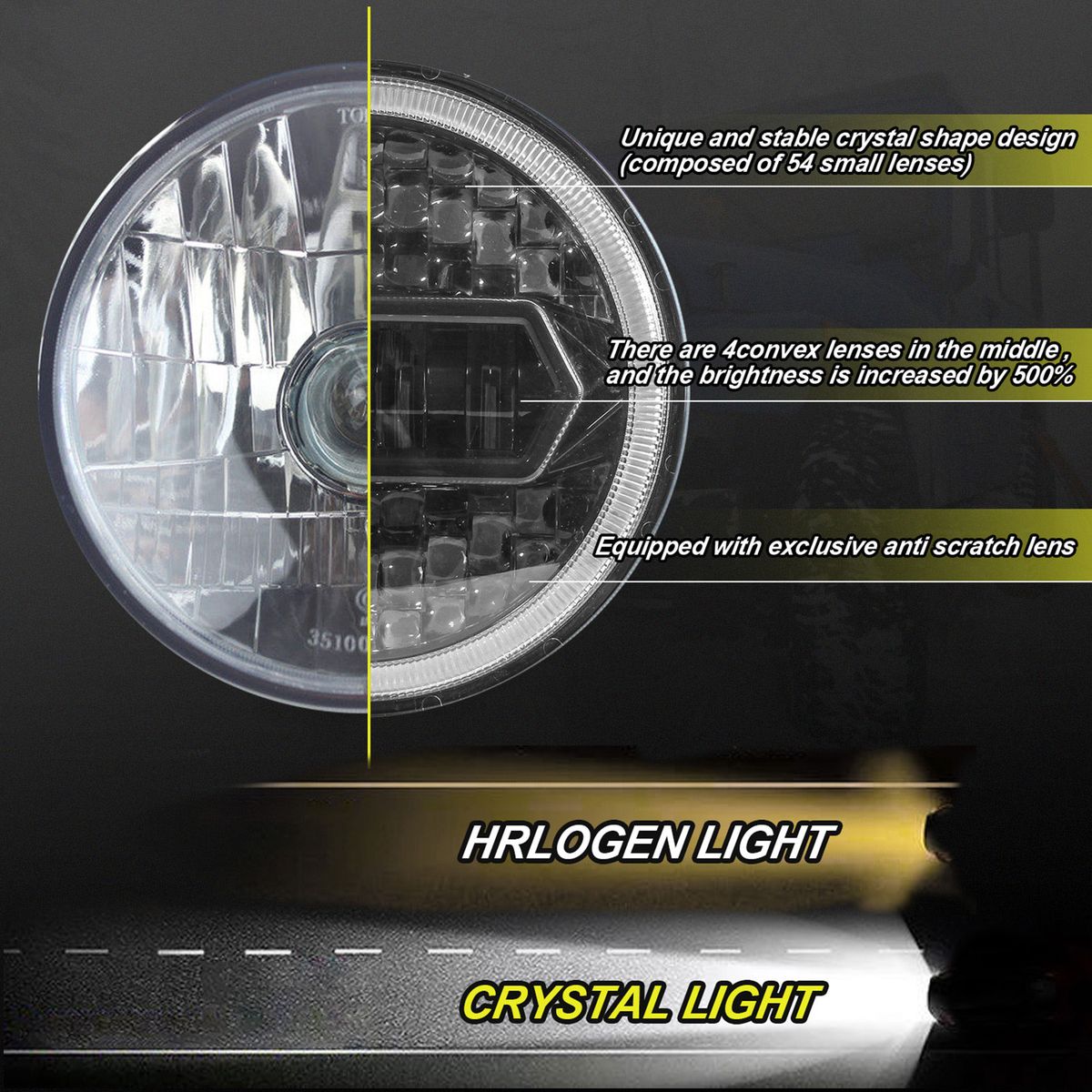 1PCS Motorcycle LED Headlight 7in 6000K 30000LM Halo/Crystal
