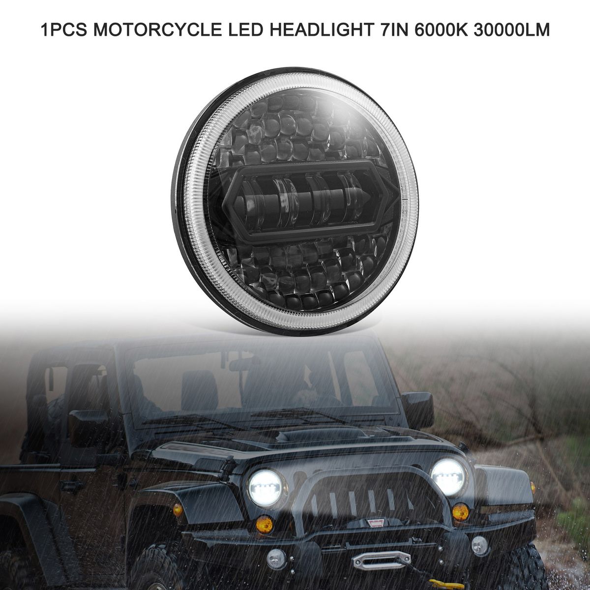 1PCS Motorcycle LED Headlight 7in 6000K 30000LM Halo/Crystal