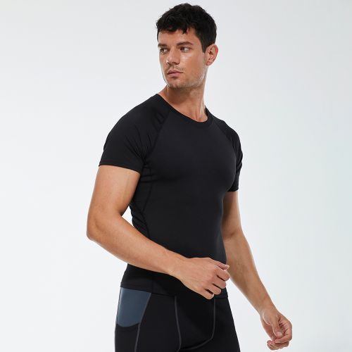 Men Summer Sports T-Shirt Short Sleeve Running Fitness Top（Black）