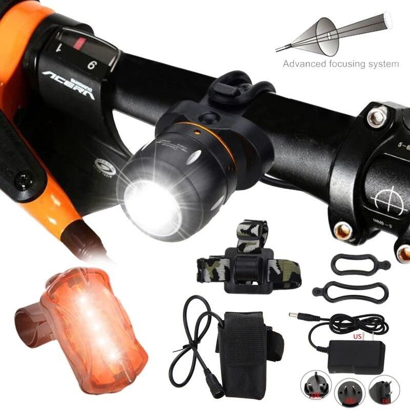 Zoomable Adjustable Focus Front Bike Light LED Cycling Torch 3 Modes Bicycle Lamp with Back Taillight